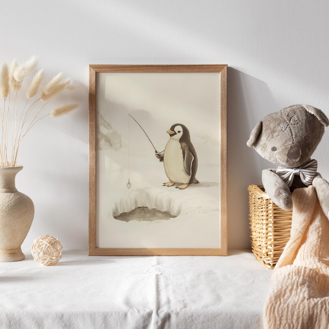 Baby Penguin Ice Fishing at a Hole in the Snowy Arctic Ice Poster - Image 2