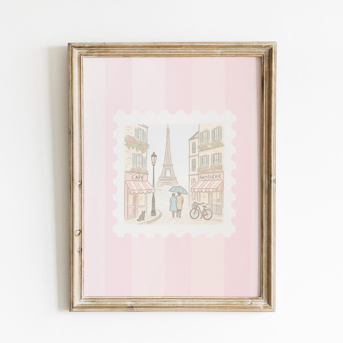 Paris Eiffel Tower Street Cafe Pink Postage Stamp Romantic Art Print
