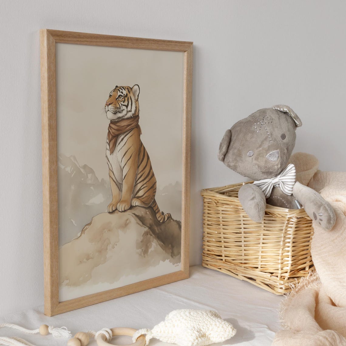 Tiger Cub Wearing Scarf Sitting on Rocky Peak Above Mist Poster - Image 3