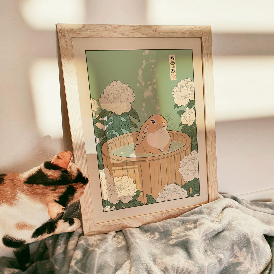 Lop-Eared Rabbit in a Wooden Bath Barrel with White Peonies Poster - Image 3