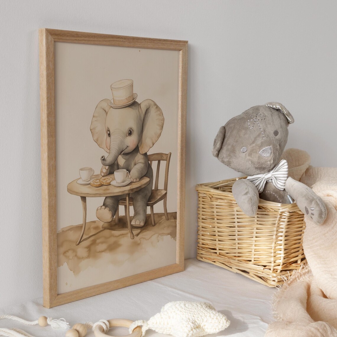 Baby Elephant in Top Hat Having Tea Party With Cookies Poster - Image 3