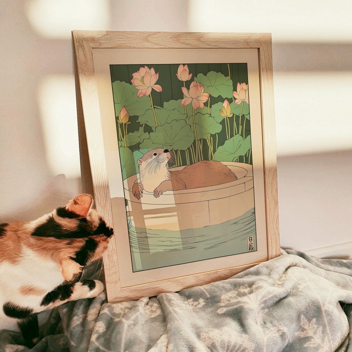 Otter Resting in Stone Tub Among Pink Lotus Flowers and Pads Poster - Image 3