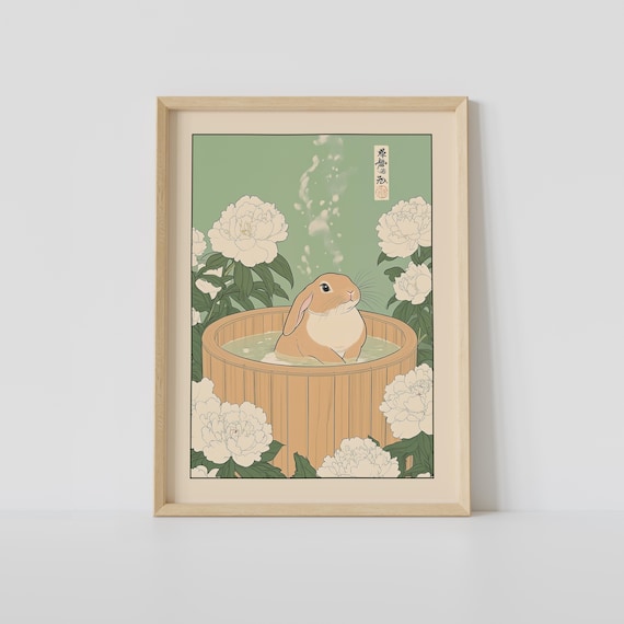 Lop-Eared Rabbit in a Wooden Bath Barrel with White Peonies Poster