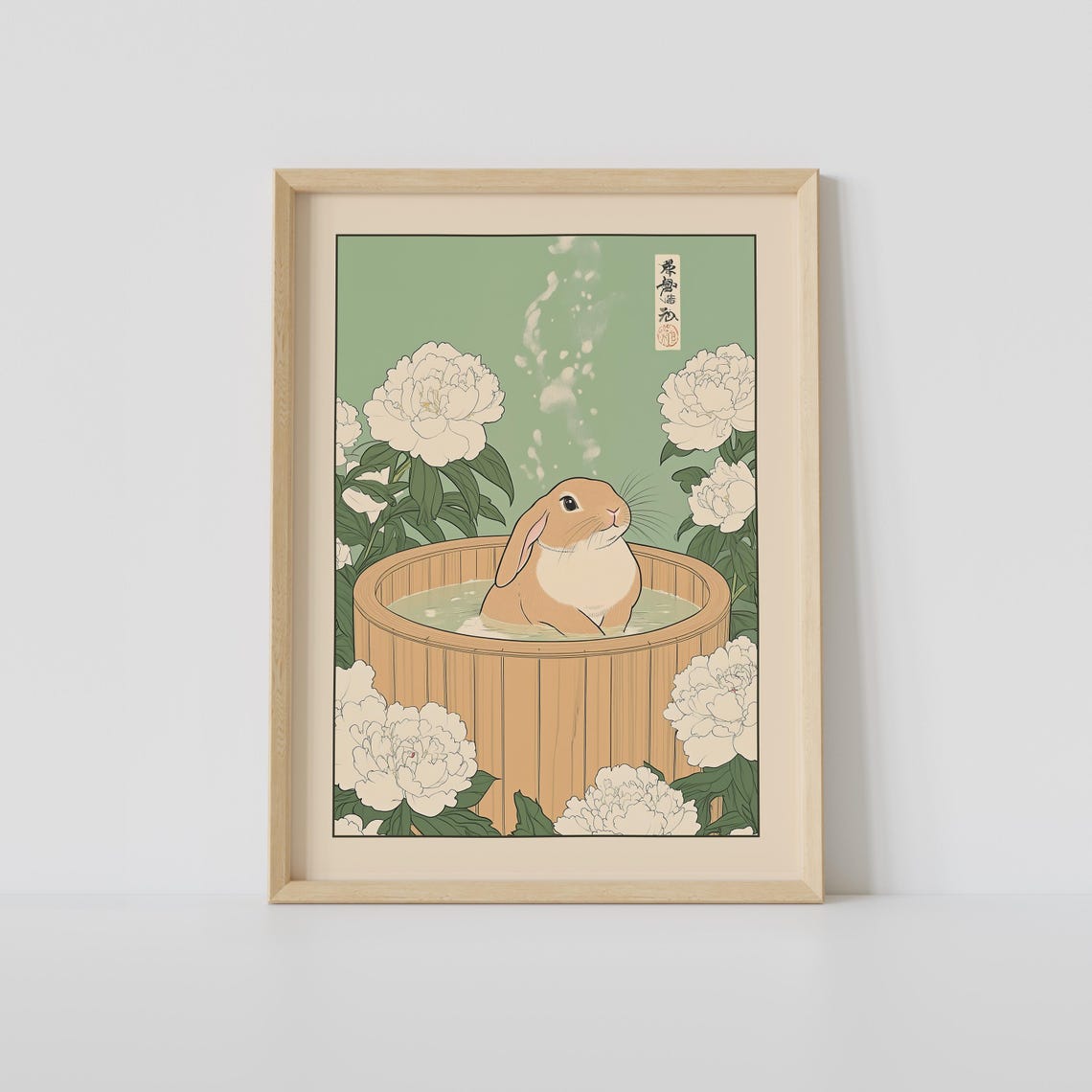 Lop-Eared Rabbit in a Wooden Bath Barrel with White Peonies Poster