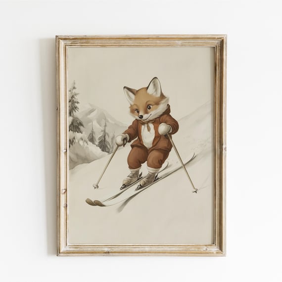 Fox Skiing Print, Winter Sport Nursery Decor