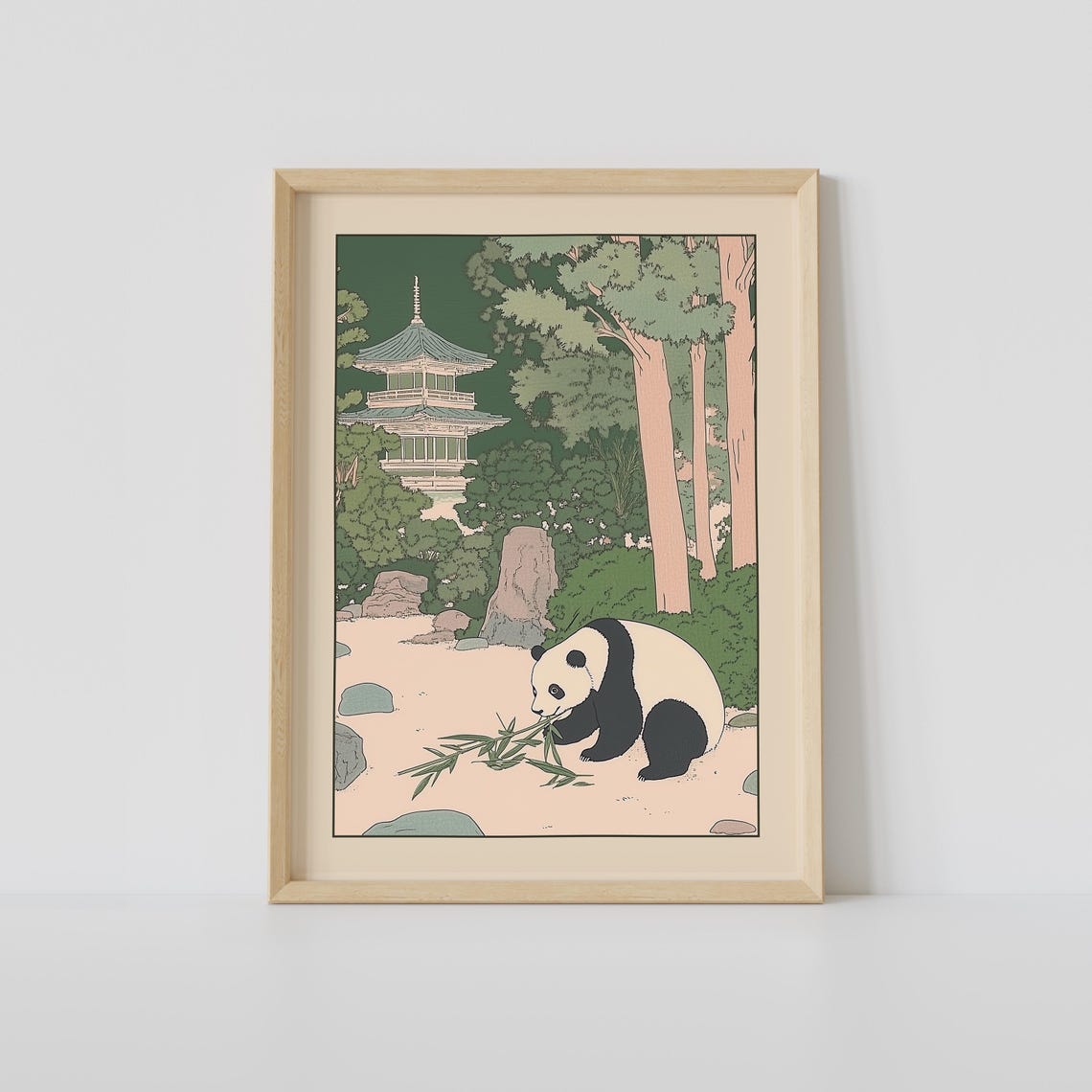 Panda Eating Bamboo Print Vintage Japanese Wall Art Woodblock Japandi Relaxing Poster Decor