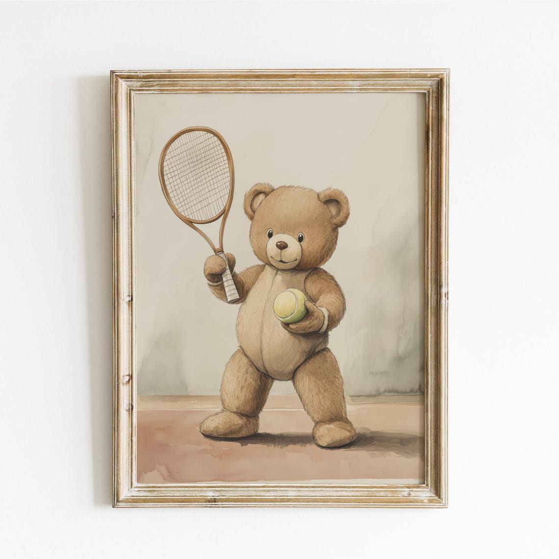 Teddy Bear Tennis Player With Vintage Wooden Racket and Ball Poster