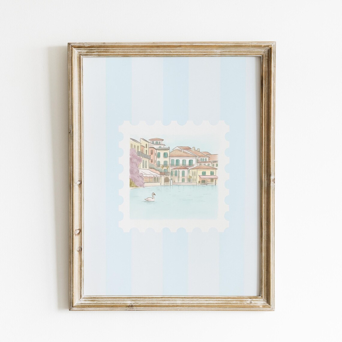 Italy Lakeside Village Swan Blue Postage Stamp Coquette Art Print