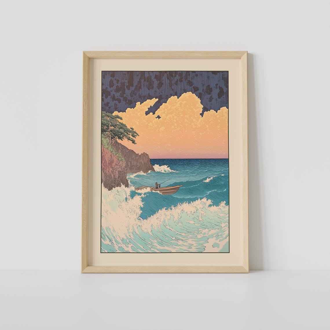 Stormy Japanese Coastline Woodblock Boat in Waves Sunset Poster