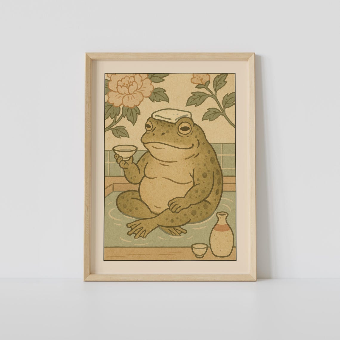 Japanese Toad Relaxing In Onsen Bath With Sake Woodblock Art Print