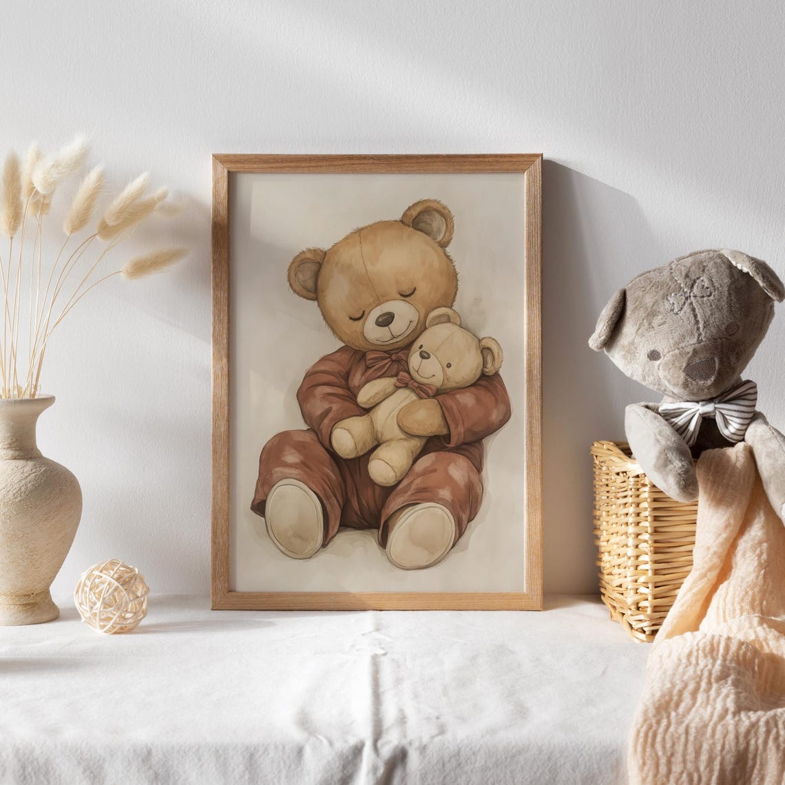 Sleeping Teddy Bear in Pajamas Hugging a Toy Bear Nursery Poster - Image 2