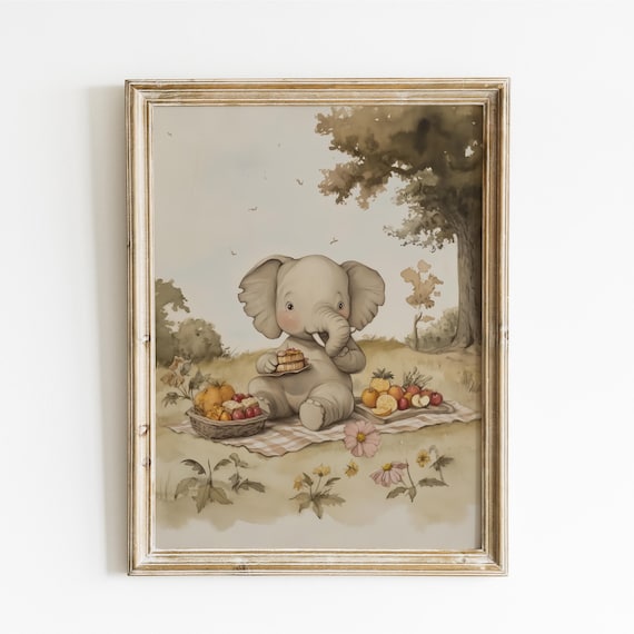 Baby Elephant Picnic Under Tree With Fruit Basket and Flowers Poster