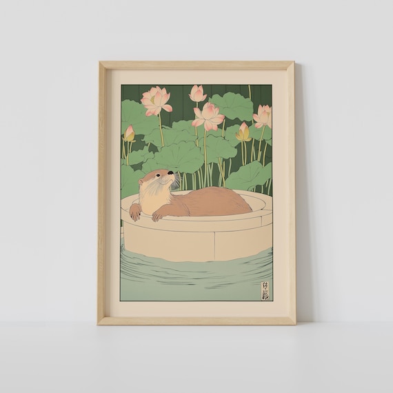Otter Resting in Stone Tub Among Pink Lotus Flowers and Pads Poster