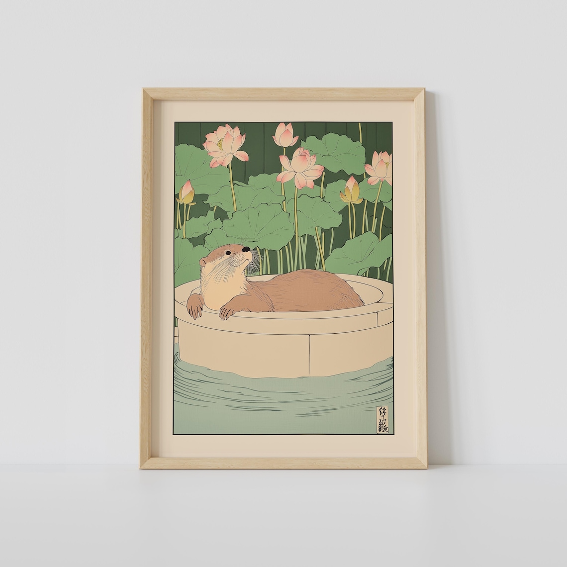 Otter Resting in Stone Tub Among Pink Lotus Flowers and Pads Poster