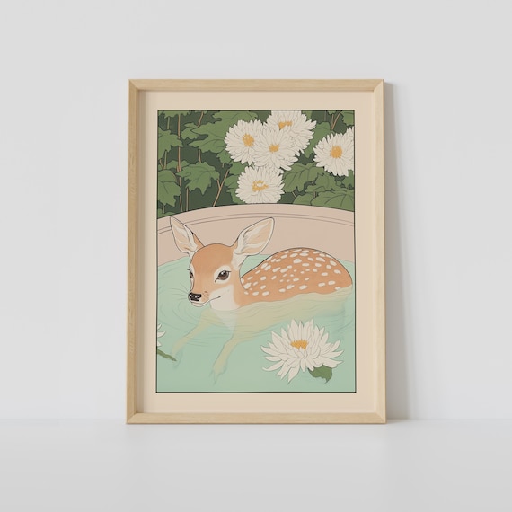 Spotted Fawn Soaking in Blossom Water Among Water Lilies Poster