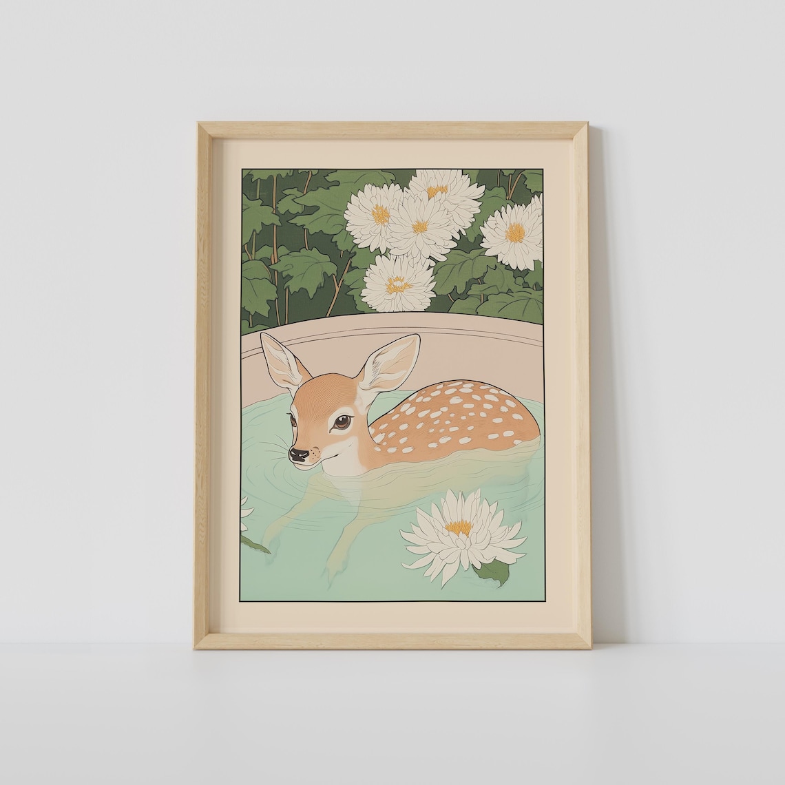 Spotted Fawn Soaking in Blossom Water Among Water Lilies Poster
