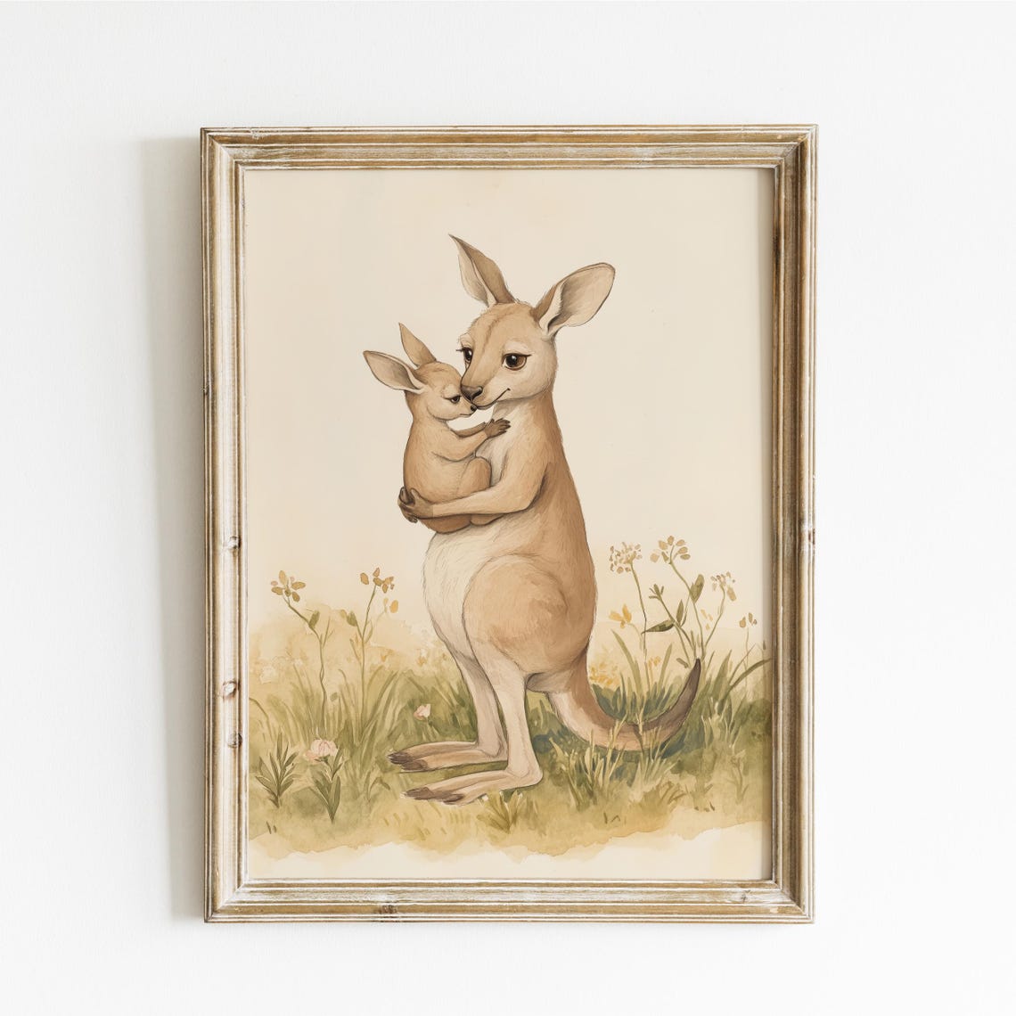 Mother Kangaroo Hugging Joey in Wildflower Meadow Nursery Poster