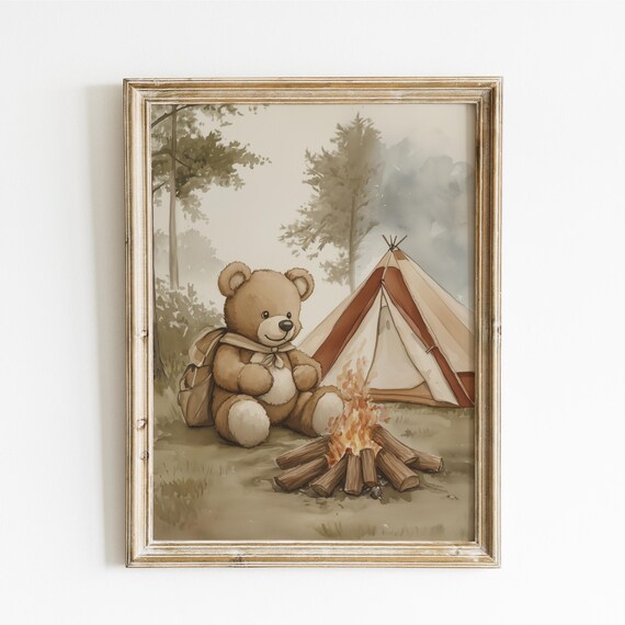 Teddy Bear Camping by a Campfire with Tent and Backpack Poster