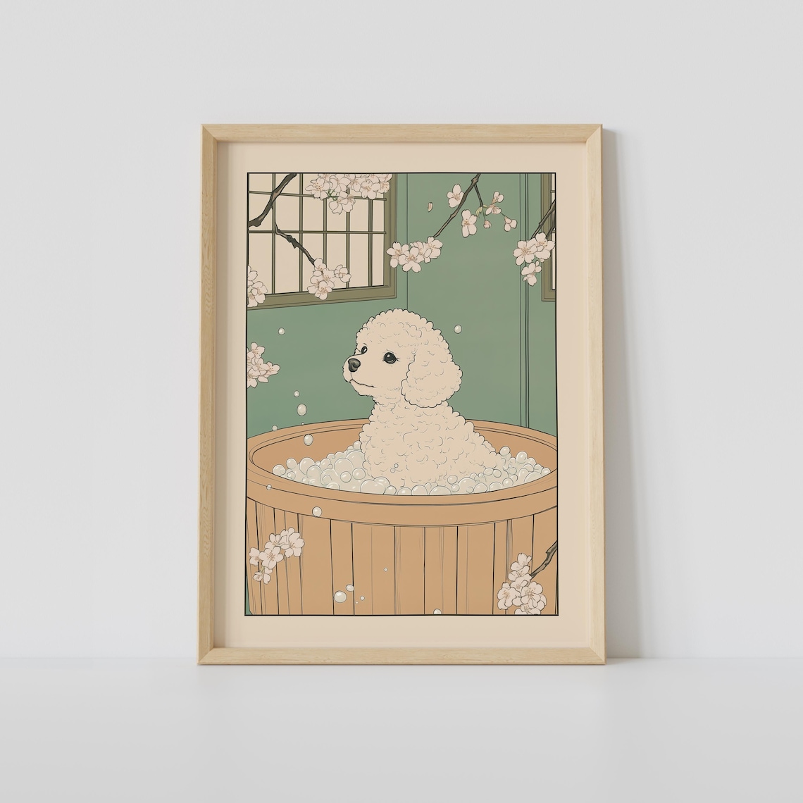 White Toy Poodle Bubble Bath in Wooden Tub With Sakura Poster