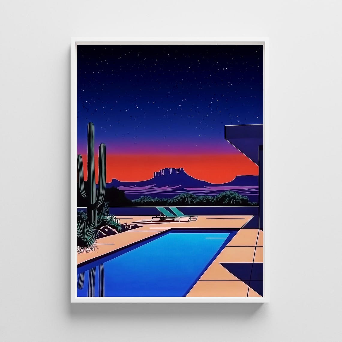 Starry Desert Night Pool and Cactus Retro City Pop Art Poster