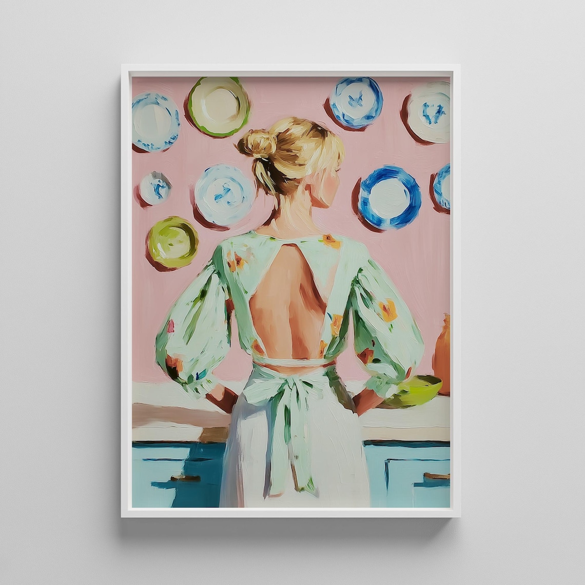 Blonde Woman Cooking in Cozy Pink Kitchen Pastel Painting Poster
