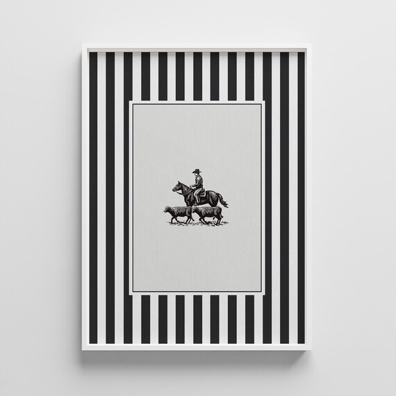 Vintage Cowboy Herding Cattle Engraving Black Striped Art Poster