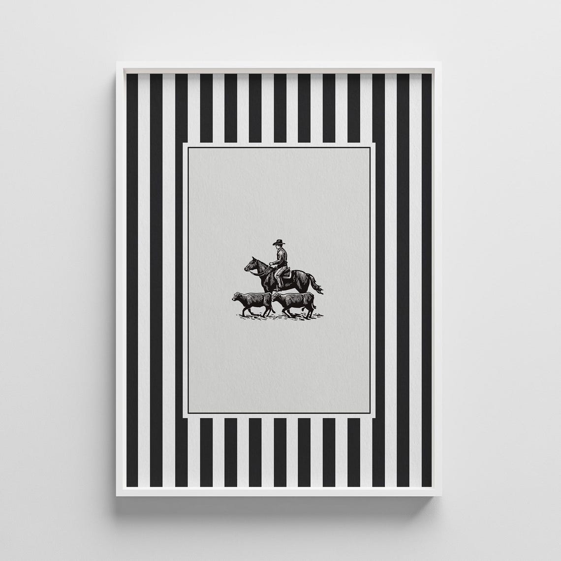 Vintage Cowboy Herding Cattle Engraving Black Striped Art Poster