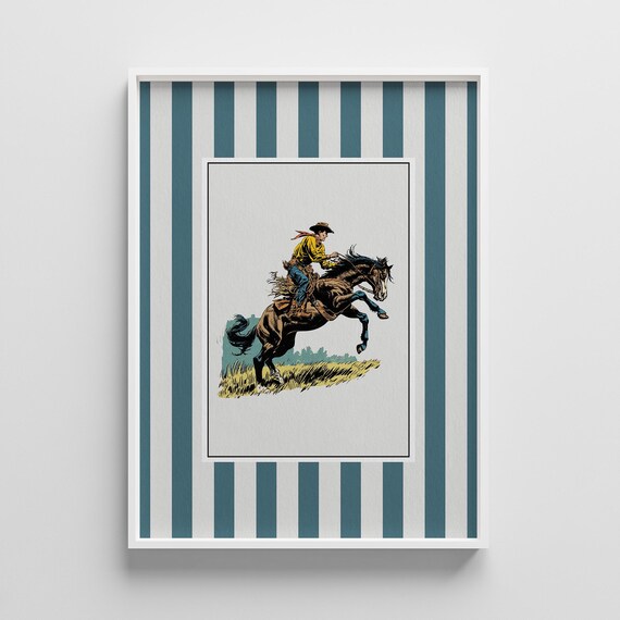 Vintage Cowboy Riding Bucking Horse Teal Striped Rodeo Art Poster