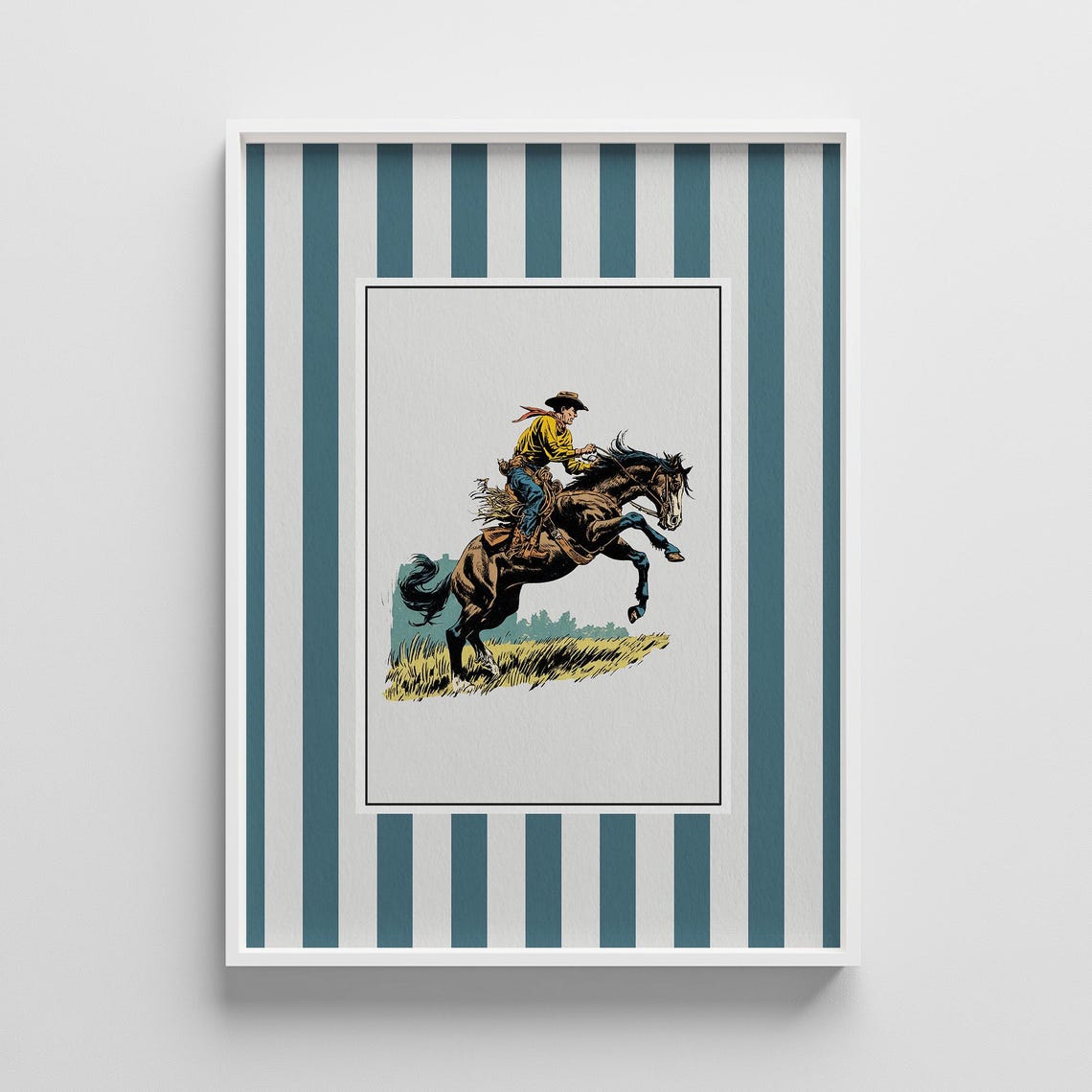 Vintage Cowboy Riding Bucking Horse Teal Striped Rodeo Art Poster