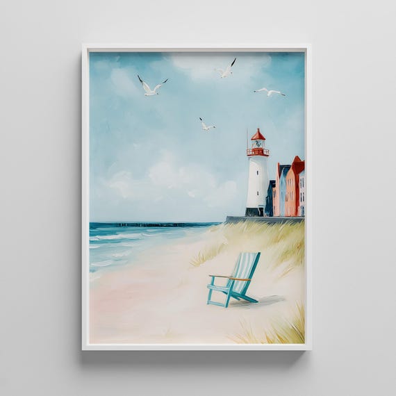 Coastal Cottage Wall Art Seagull Lighthouse Poster Pastel Ocean Print Nautical Seaside Landscape