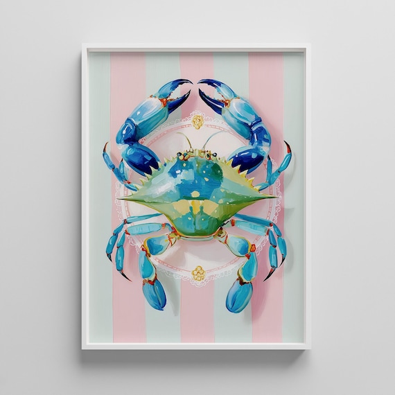 Crab Wall Art Print Fisherman Coastal Poster Grand Millennial For Maximalist Kitchen