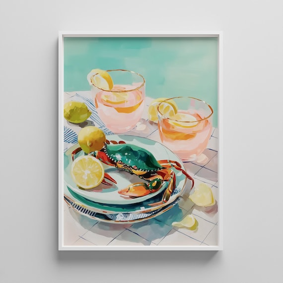 Fisherman Crab Art Coastal Kitchen Wall Print With Lemons Cocktails Grand Millennial Dining Poster Maximalist Home Decor