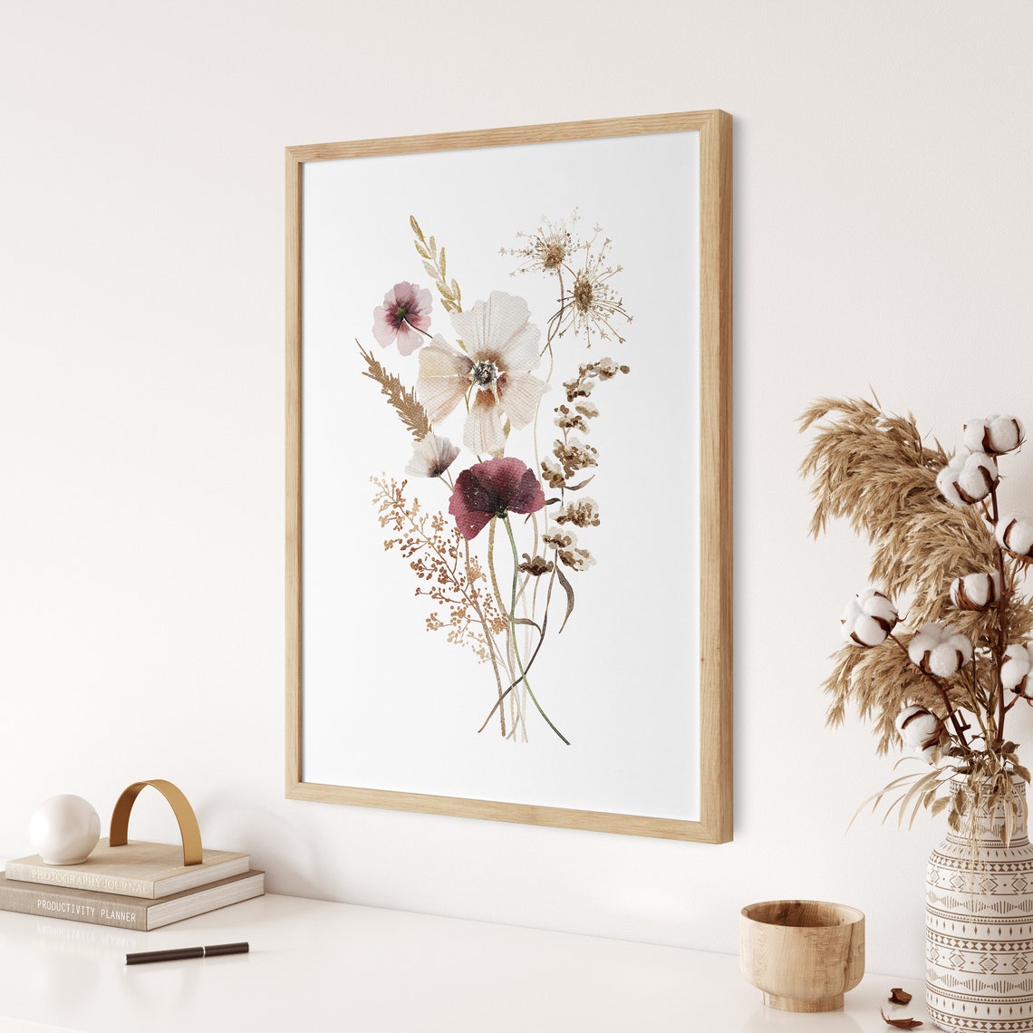 Neutral Wildflower Bouquet Watercolor Burgundy Romantic Boho Poster - Image 3