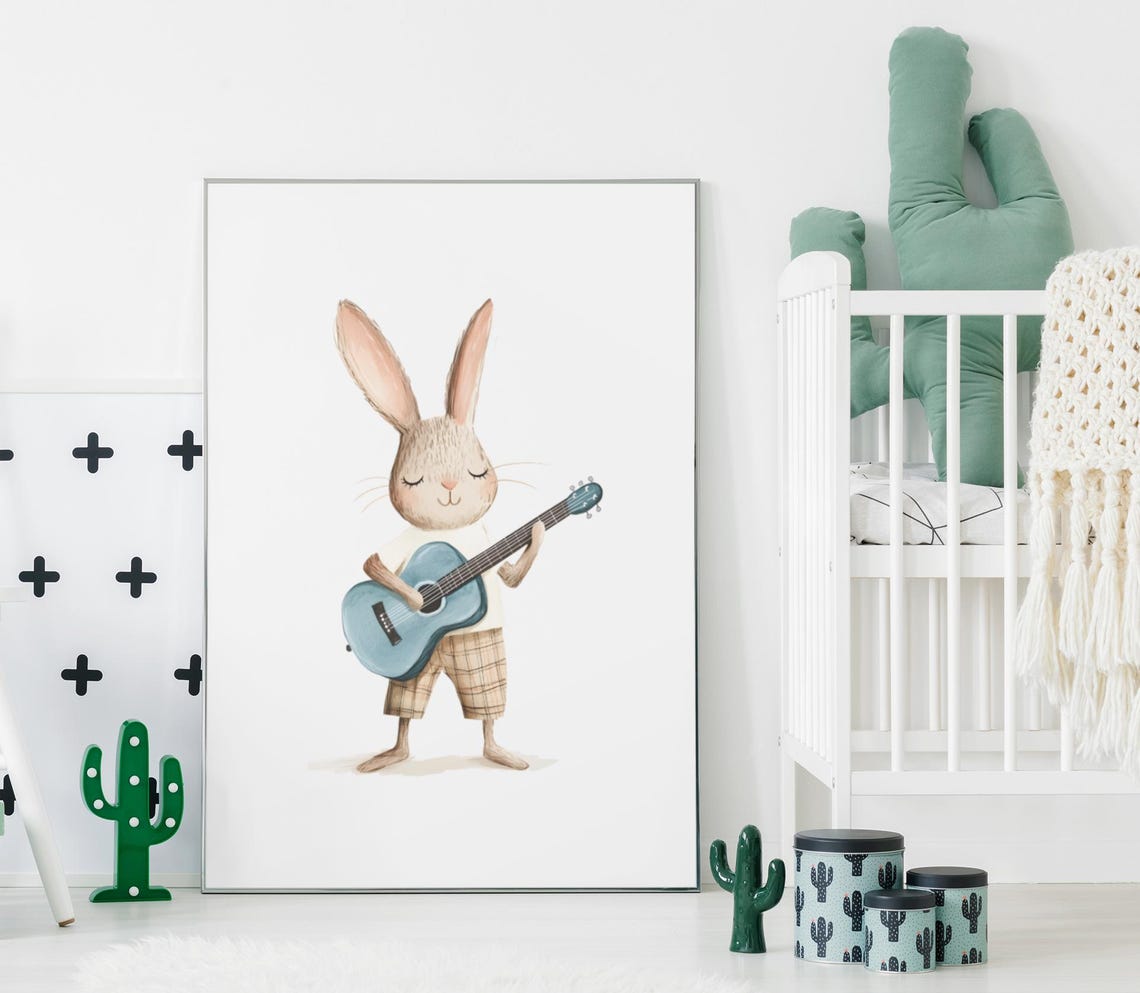 Sweet Bunny Playing a Blue Guitar in Watercolor Nursery Style Poster - Image 2
