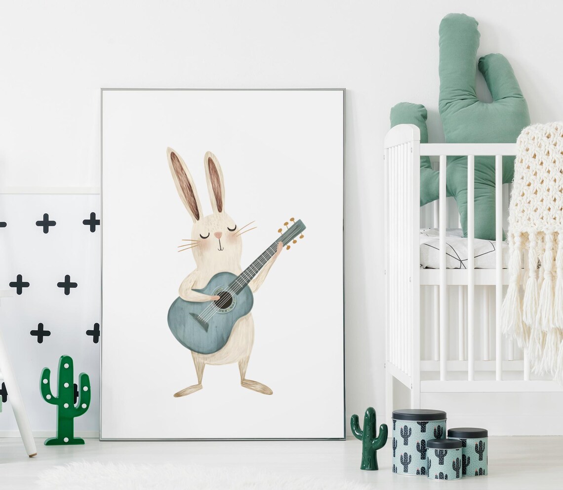 Hipster Rabbit Playing Guitar, Boho Nursery Art Print - Image 4