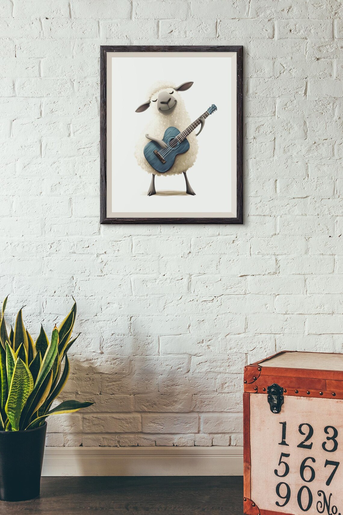 Fluffy Sheep Strumming a Blue Guitar Sweet Nursery Animal Art Poster - Image 4