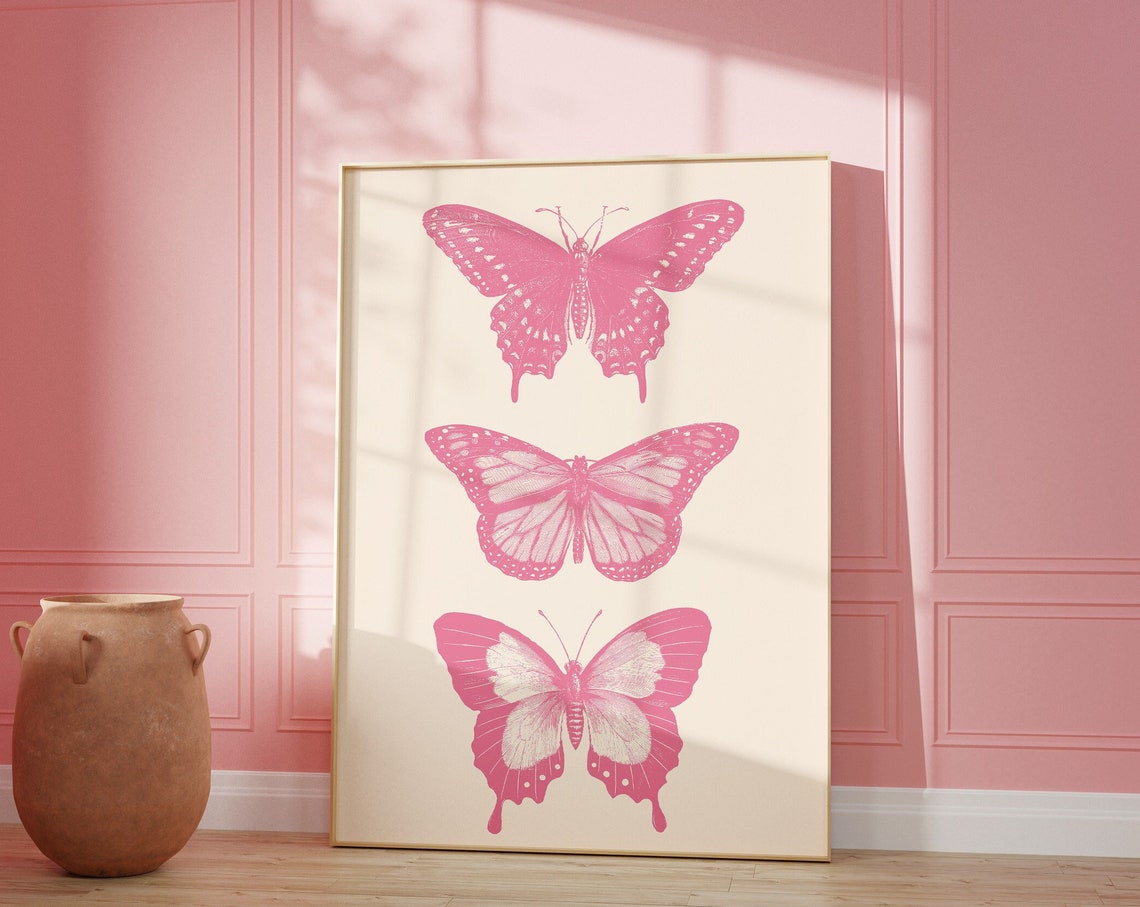 Three Pink Butterflies Botanical Minimalist Nursery Decor Wall Poster