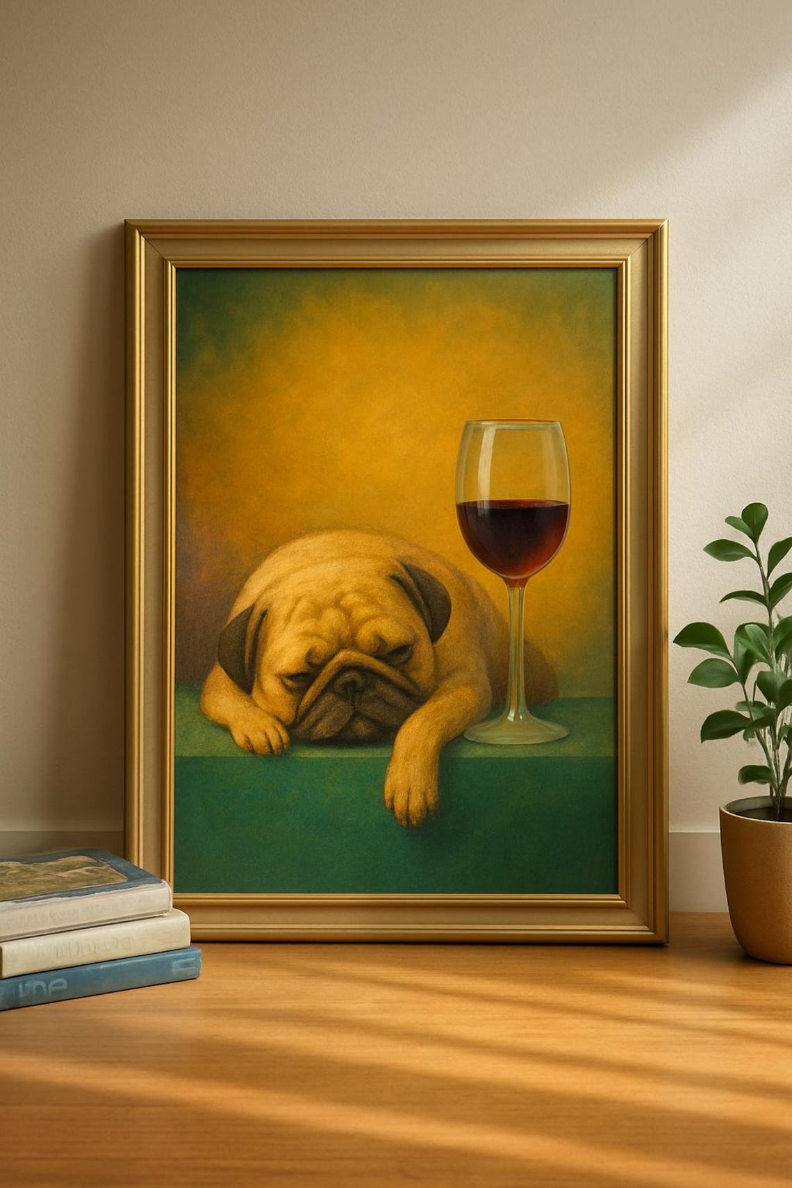 Sleepy Pug And Red Wine Poster Funny Dog Napping Still Life Art