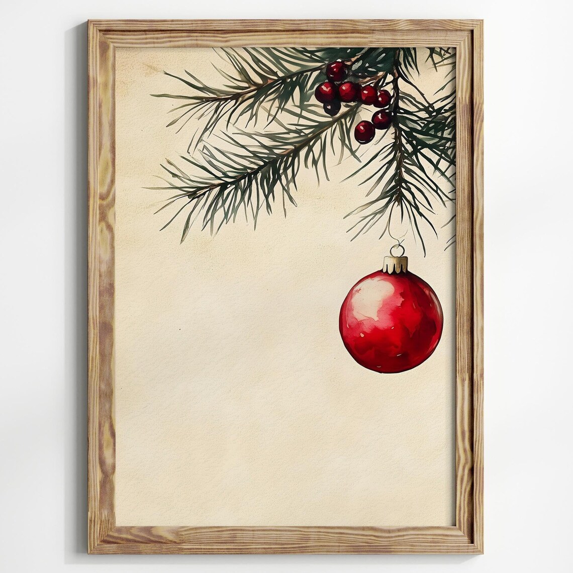 Red Christmas Ornament Hanging From Pine Branch Watercolor Poster