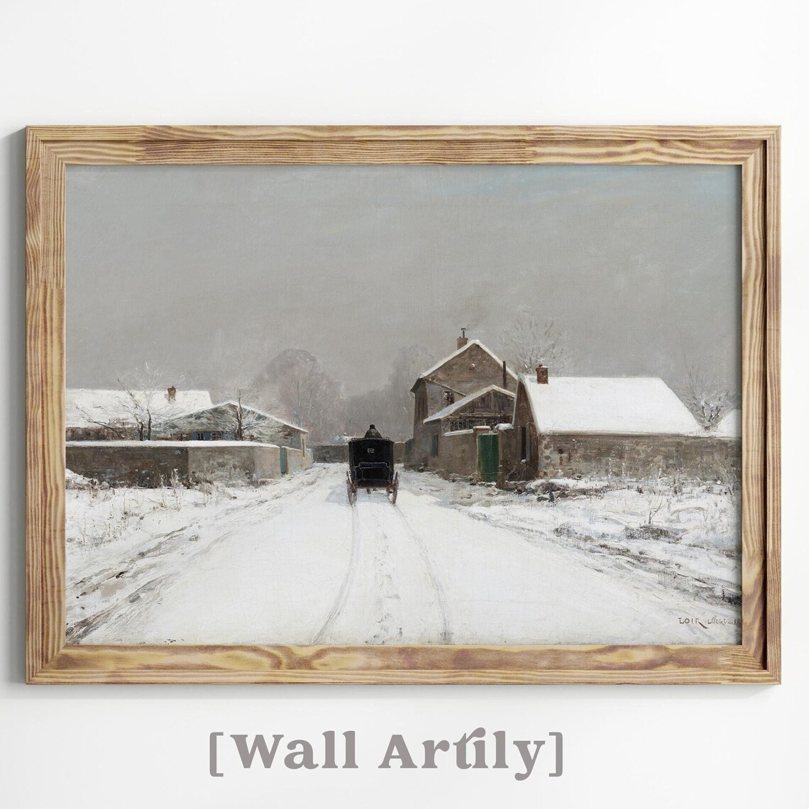 Horse Drawn Carriage On A Snowy Village Road Winter Painting Poster