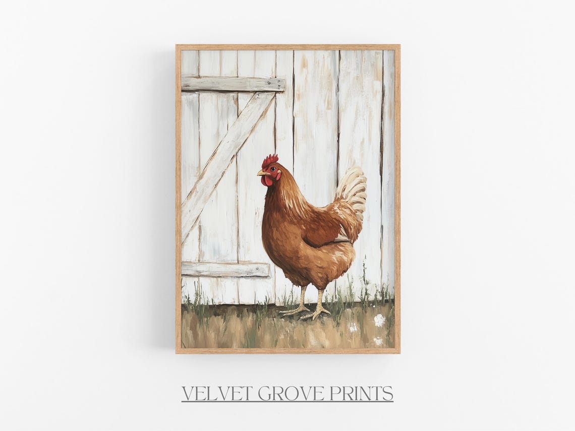 Brown Hen Before Weathered White Barn Door Farmhouse Painting Print