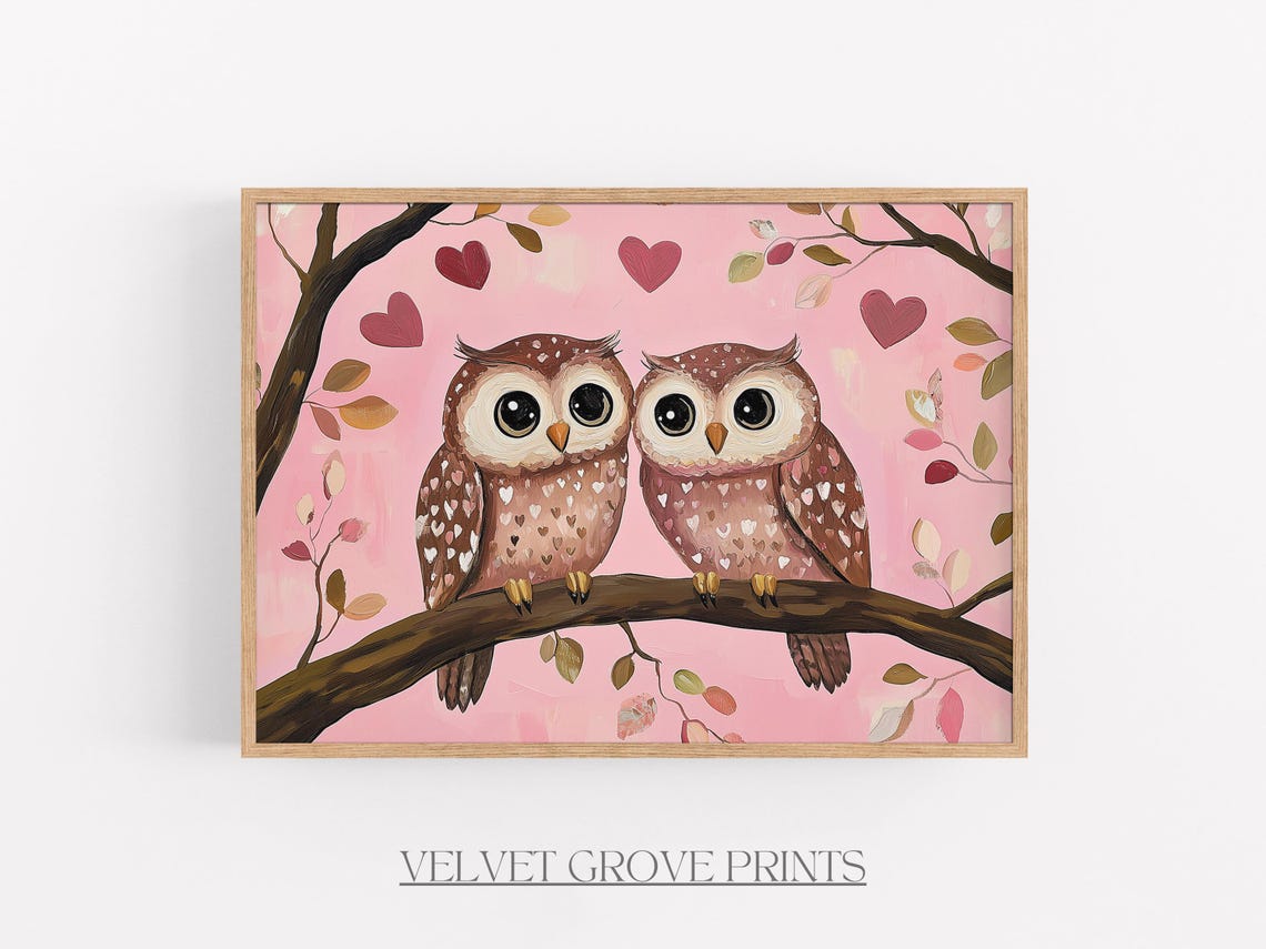 Two Cute Owls on Branch Pink Hearts Valentine Love Birds Art Print