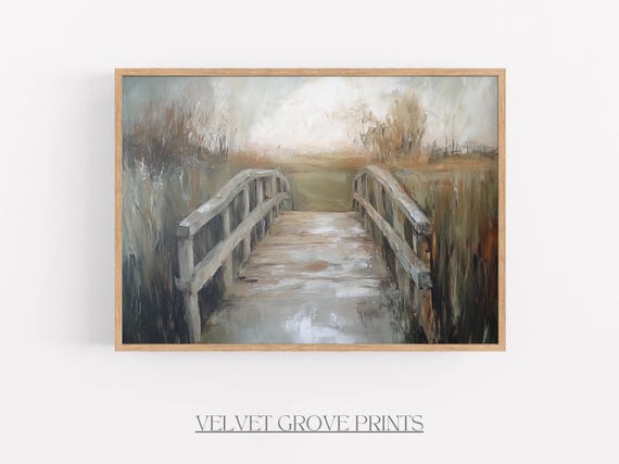 Vintage Bridge Oil Painting Rustic Nature Scene Instant