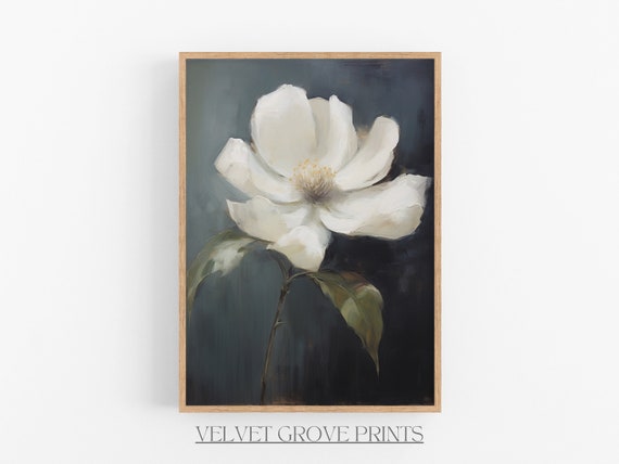 Vintage White Flower Oil Painting Moody Floral Wall Art
