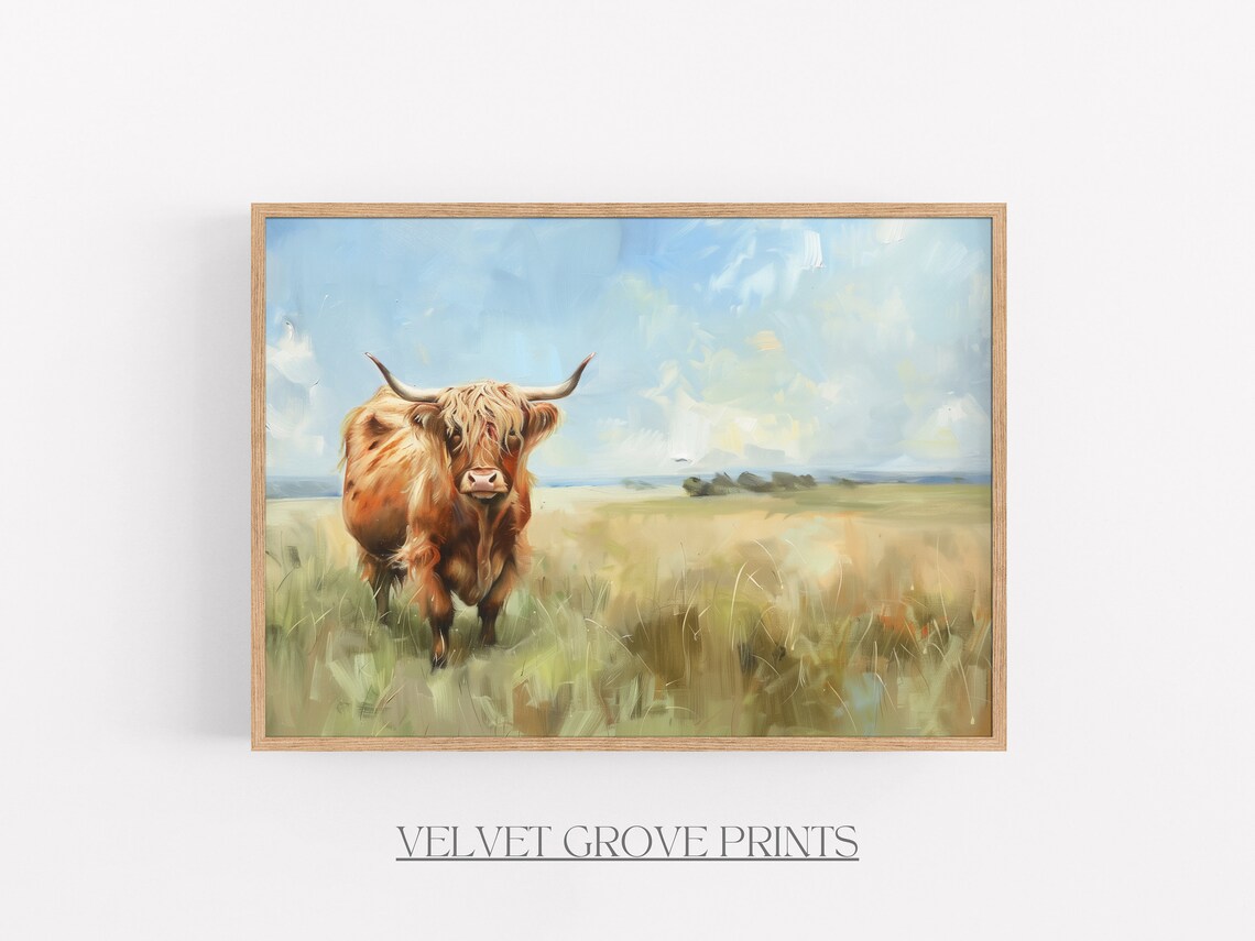 Highland Cow In Sunny Meadow Rustic Farmhouse Oil Painting Poster