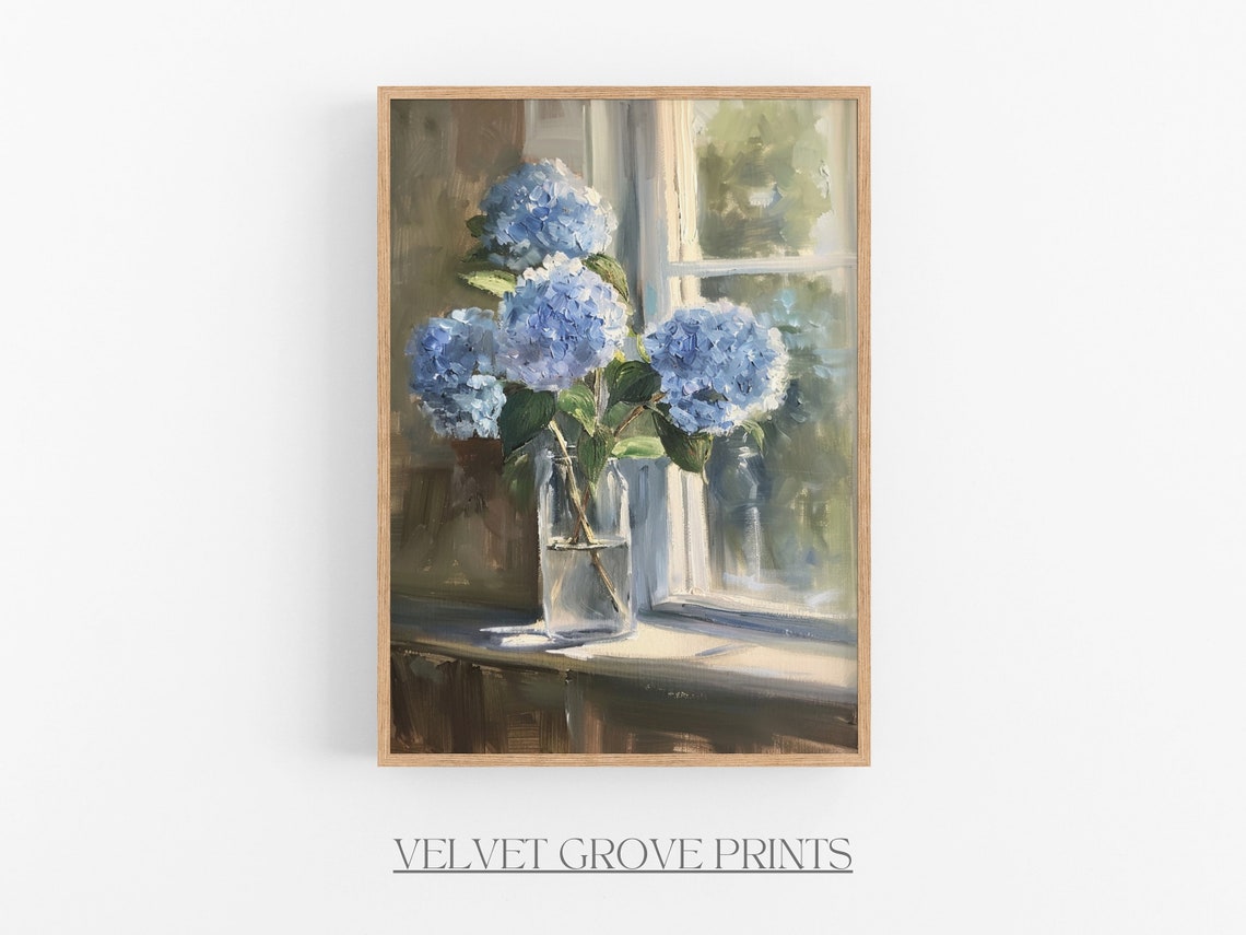 Blue Hydrangeas Oil Painting Floral Bouquet By Sunny Window Print