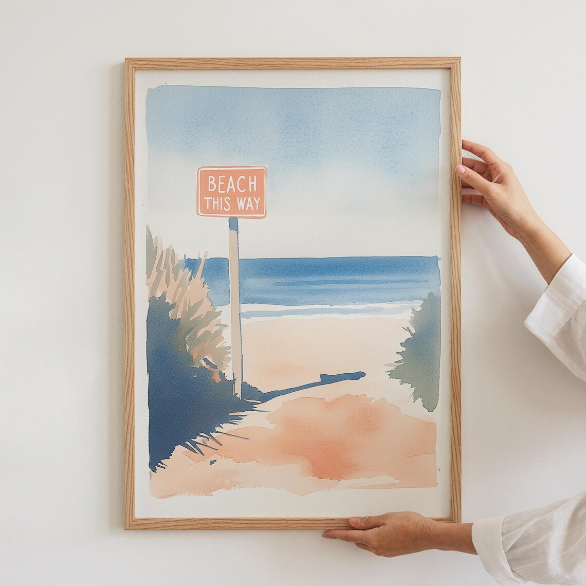 Beach This Way Sign Watercolor Coastal Beach Scene Summer Art Wall Poster