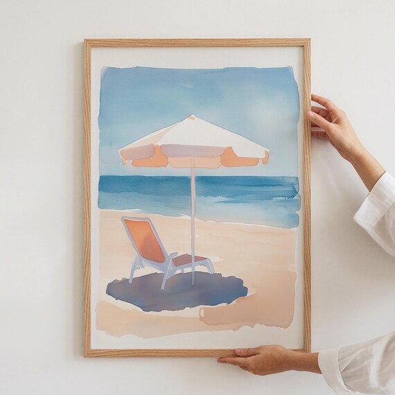 Beach Umbrella Lounge Chair Watercolor Coastal Summer Relaxing Wall Poster