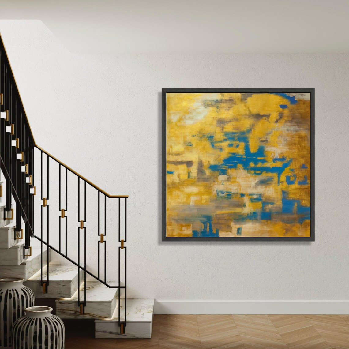 Abstract Blue And Yellow Canvas Modern Art Wall Decor Painting Contemporary Home Gift