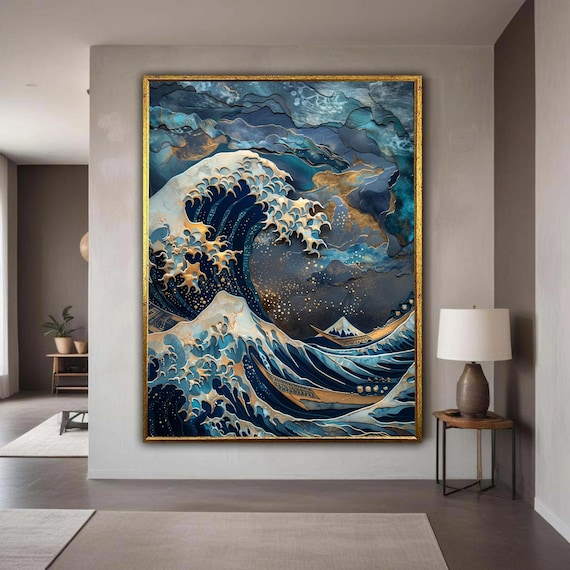 Great Wave Inspired Ocean Art Navy Gold Layered Paper Style Poster